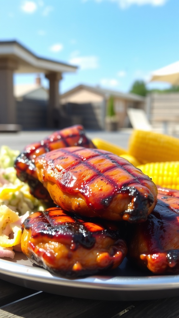 Deliciously grilled BBQ chicken on a platter with sides of coleslaw and corn, outdoors on a sunny day.